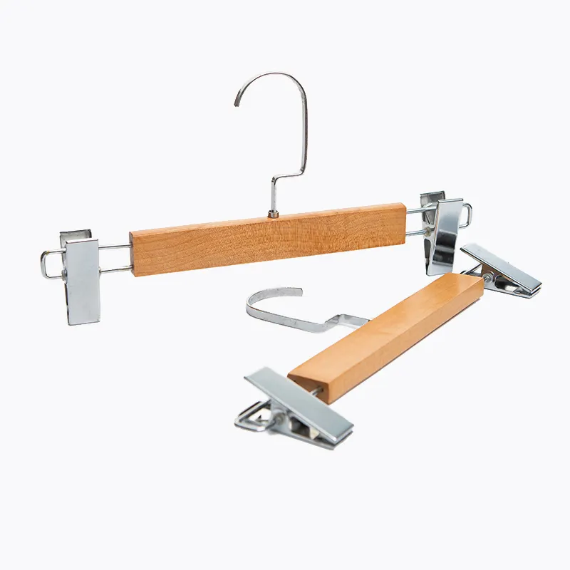 Solid Wood Trousers Hangers Non Slip Skirt Pants Wooden Hanger With 2-adjustable Clips