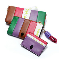 Pasokan Global dompet kustom # ZB497 warna tambal sulam ritsleting ganda merek dompet kulit Pu Rfid dompet wanita 2026