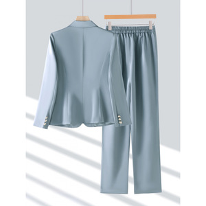 Women's Gray Blue Long Sleeve <b>Blazer</b> And Trousers Suit <b>Set</b> Formal Anti Wrinkle For Commute Autumn Winter - Product Image 3