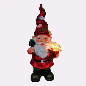 Resin Gnome Figurine with Solar Powered LED Lights Garden Gnomes Statue for Patio Yard Lawn Porch