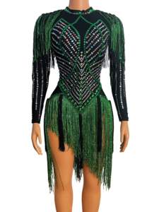 NOVANCE Y2055 <span class=keywords><strong>Comprar</strong></span> <span class=keywords><strong>ropa</strong></span> en línea Borla verde Plata Diamante Vestido de baile Diseño único Vestido de fiesta para Samba Latina - Product Image 5
