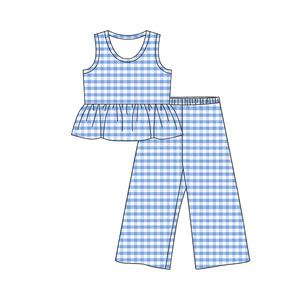 GSSO2307 Ensemble sans manches personnalisé pour petite fille active, imprimé à carreaux verts, vente en gros pour enfants - Product Image 3