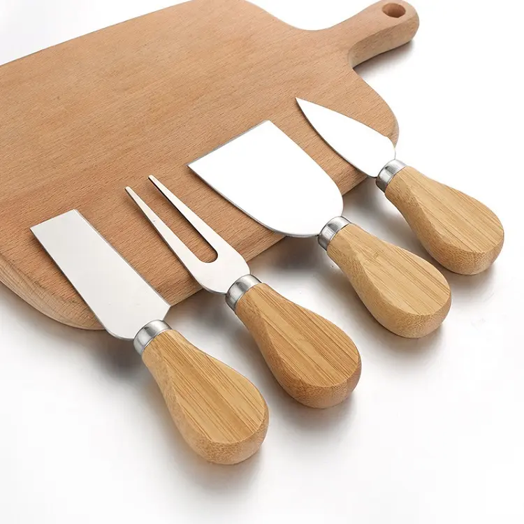Conjunto de facas de queijo de aço inoxidável, 4 unidades, faca de queijo, conjunto de faca com cabo de madeira