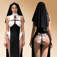 Kostum Biarawati Seksi Pakaian Dalam Wanita Gaun Berkerudung Berdetail Renda untuk Permainan Peran Cosplay Pesta Halloween