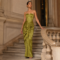 Robe de soirée sans bretelles en jacquard vert olive OEM, robe longue plissée à volants pour invitées de mariage, collection boutique