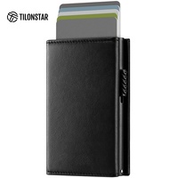 TILONSTAR TVC302p dompet kartu kredit aluminium, dompet Pop up Rfid kulit asli lipat tiga dengan saku koin