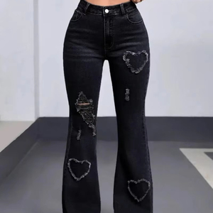 Phụ Nữ Của Giản Dị Giữa Eo Quần Dây Kéo Bay Đóng Cửa Ánh Sáng Chuông Dưới Bùng Quần Jean Thiết Kế Thoáng Khí Bướm Thêu Mô Hình - Product Image 2