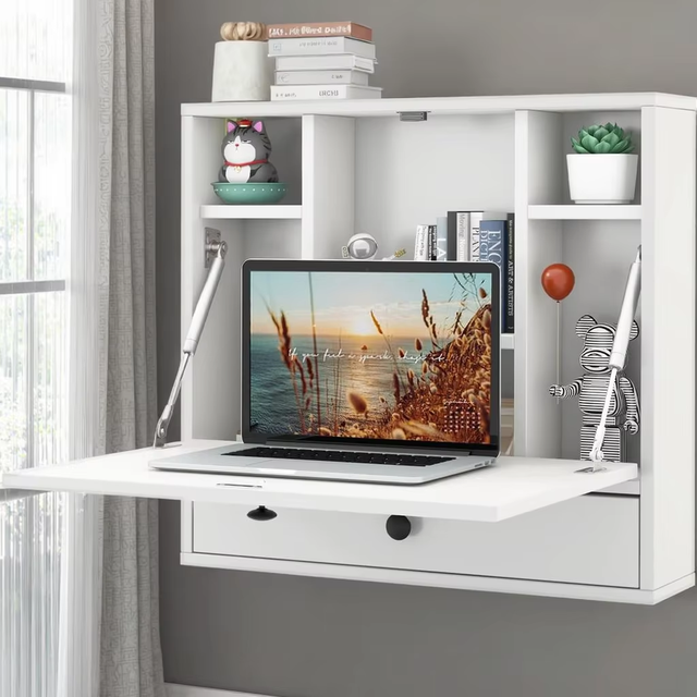 Wall-Mounted Folding Laptop Desk Drop-Leaf Table Hanging Cabinet Storage Drawer Shelves Space-Saving Bedroom Furniture