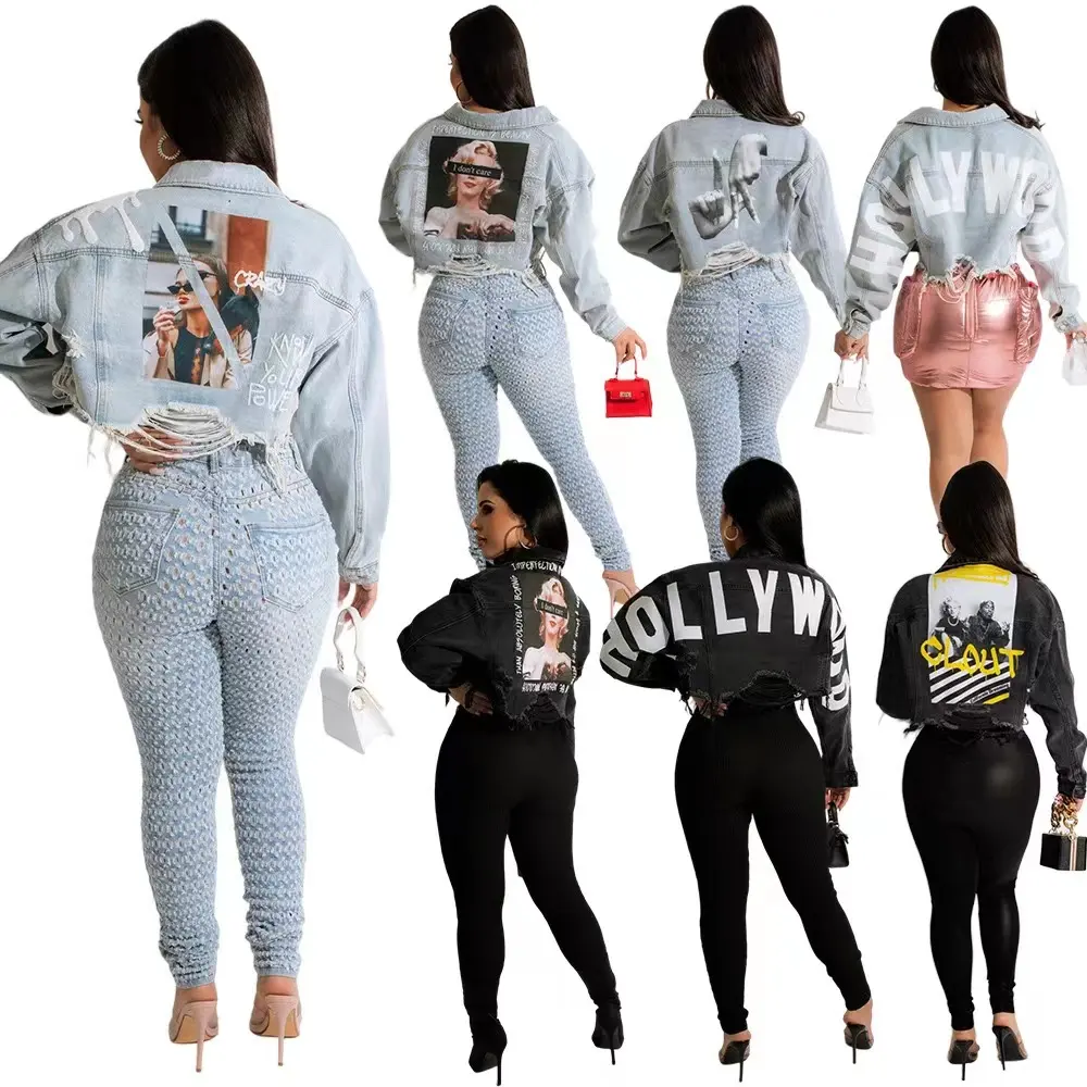 2022 New Arrivals Stylish Fall Boutique Clothing Printed Crop Jeans Jacket Oversize Casual Denim Jackets For Women