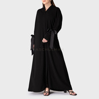 Abaya noire personnalisée à col en V, style enveloppant, avec manches à nœud en satin, ceinture, longueur ras du sol, pour femmes musulmanes