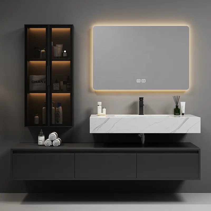 Hotel Modern Luxury Marble Top Sintered Stone Black Bathroom Vanity