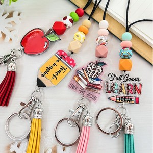 Wholesale Personalized Beaded Teacher Lanyard for Keys with Glitter Acrylic Crayon Apple Mouse Head Design-cute Teacher Gift