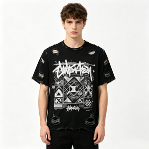 T-shirt DTG personnalisé Kornit, coupe lourde, effet vintage, imprimé journal américain, streetwear, directement <span class=keywords><strong>de</strong></span> l'usine OEM - Product Image 1