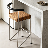 Tabouret de bar moderne en acier inoxydable, style mid-century, dossier incurvé, assise en coton et lin à carreaux, finition miroir, pour la maison, la cuisine, la salle à manger, l'hôtel