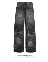 Jean baggy à jambe large pour homme, en denim délavé, gris anthracite, avec coutures en zigzag, style streetwear