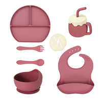 Ensemble de repas en silicone pour bébé : Assiette compartimentée, bavoir, tasse, cuillère, fourchette et bol pour aliments pour bébé