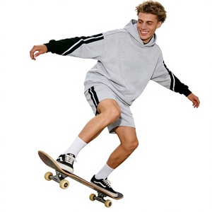 <b>Men</b> Cropped <b>Hoodie</b> <b>and</b> <b>Shorts</b> Tracksuits <b>Set</b> Contrast Color Sleeve Side Stripe Design Elastic Waistband Casual Streetwear - Product Image 3