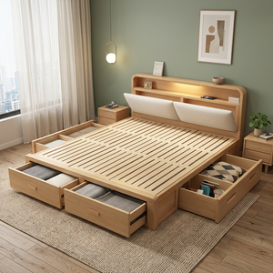 Modern Solid Wood Soft <b>Bed</b> Platform <b>Frame</b> with Storage Drawers and Shelf Headboard <b>Queen</b>/King <b>Size</b> Bedroom Furniture - Product Image 3
