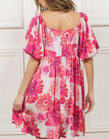 Robe d'été décontractée bohème pour femme, rose à motifs floraux, col carré, manches bouffantes, mini-robe légère et fluide, coupe trapèze