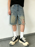 Nouveaux shorts en jean pour homme, style vintage, délavé, fortement déchiré, streetwear, coupe ample, jorts à ourlet brut, demi-pantalon