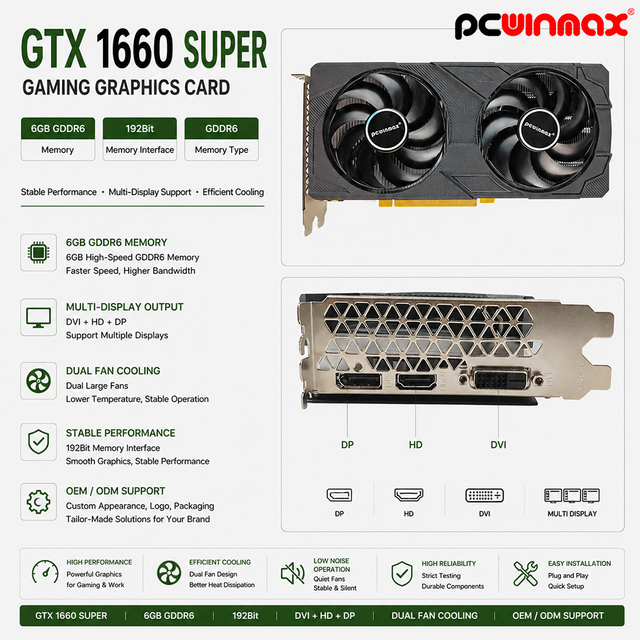 PCWINMAX Graphics Card Geforce GTX 1660 Super 6GB GDDR6 192Bit Gaming GPU Original OEM High Performance Wholesale in Stock