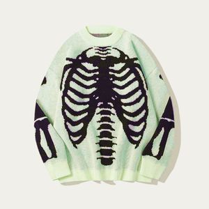 Pullover oversize in <span class=keywords><strong>maglia</strong></span> <span class=keywords><strong>con</strong></span> teschio personalizzato Y2K da uomo <span class=keywords><strong>con</strong></span> scheletro gotico stampato a manica lunga - Product Image 1