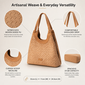 <b>Tan</b> Woven Tote <b>Bag</b> Large Capacity Shoulder Handbag Casual Daily Carryall for Women - Product Image 5