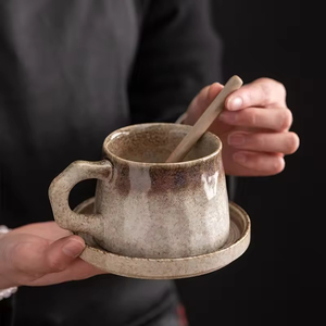 Handmade Retro Special Shaped Ceramic Coffee <b>Mug</b> With Potbelly Design Flamed Glazed Tray <b>Set</b> for Party Use - Product Image 1