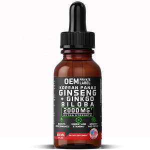 OEM Vegan Korean Red Panax Ginseng+Ginkgo Biloba Root Extract Liquid Drops Strength for Men & Women Energy, Performance & Focus