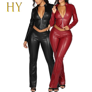 Nuovo Arrivo: Completo Donna in Ecopelle, Giacca con Zip e Pantaloni a Zampa a V, <span class=keywords><strong>Set</strong></span> Due Pezzi Casual - Product Image 1