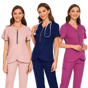 थोक फैशन साफ़ सूट अस्पताल वर्दी सेट ठोस रंग अस्पताल सर्जिकल गाउन जेब वि गर्दन Scrubs के लिए सेट महिला जॉगर्स