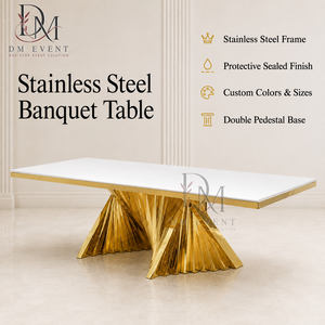 Mesa de Comedor Rectangular de Acero Inoxidable de Alta Gama con Tapa Blanca y Base Doble Escultural para Suministro de Banquetes - Product Image 1