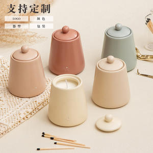 Pot à bougie en céramique minimaliste avec couvercle, forme cylindrique, vide, pour aromathérapie et décoration, idéal pour un cadeau DF1896 - Product Image 2