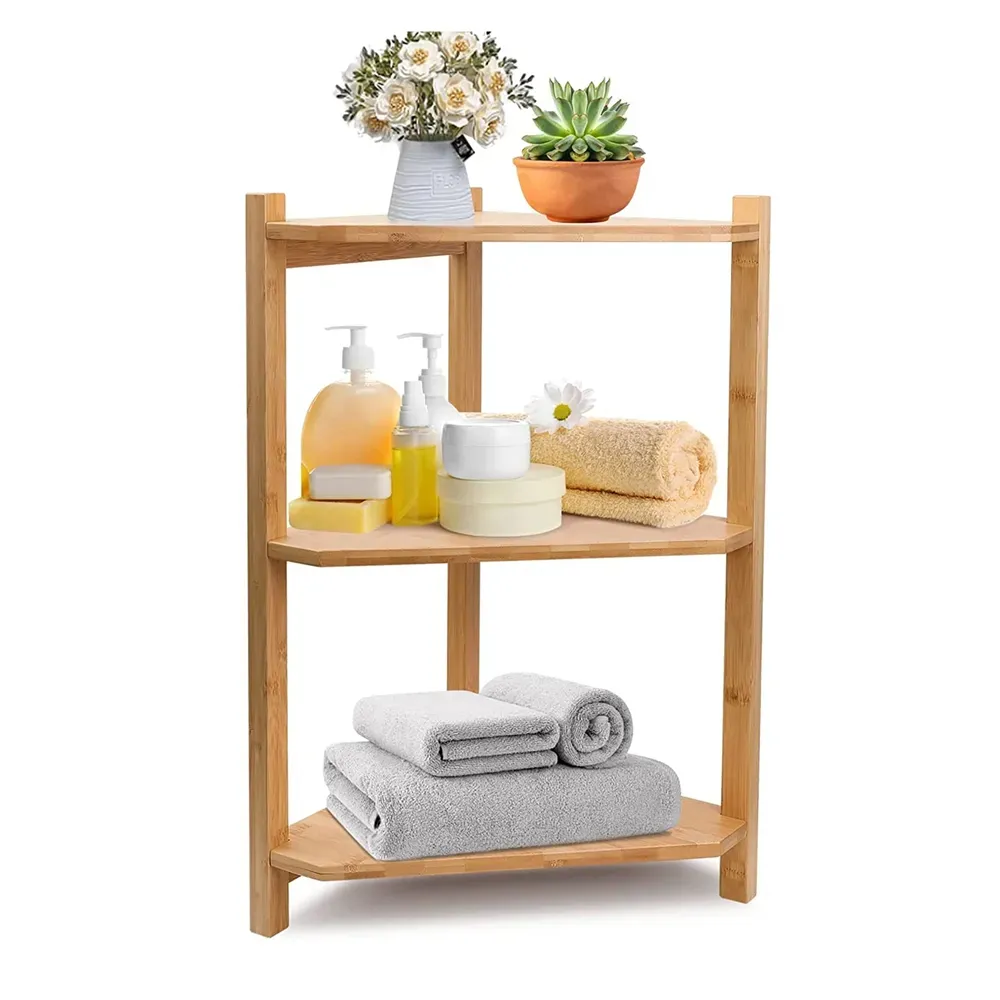 Ownswing 3 Tier Corner Storage Rack Free Standing Storage Shelf for Kitchen Bathroom Bamboo Corner Shelf