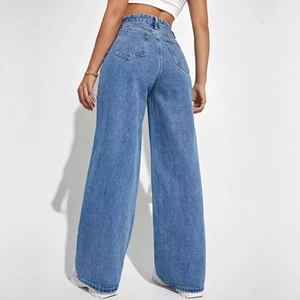 All'ingrosso autunno <span class=keywords><strong>donna</strong></span> <span class=keywords><strong>Jeans</strong></span> lavato blu svasato Logo del cliente alto a <span class=keywords><strong>vita</strong></span> alta con bottoni elastici <span class=keywords><strong>Jeans</strong></span> da <span class=keywords><strong>donna</strong></span> - Product Image 2