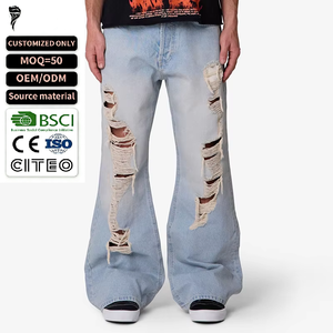 Custom 13 oz 100% Cotton Casual Mid Waist Spring Autumn Woven Baggy Pants Wide Flared Leg Distressed Flare Mens <b>Denim</b> Jeans - Product Image 1