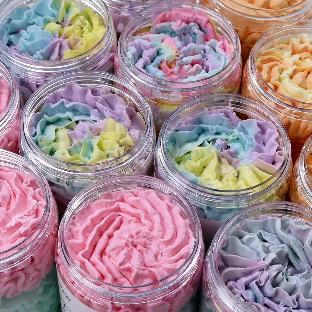 Private Label Smooth Skin Exfoliating Cleaning Shower Gel Handmade Colorful Body Scrub Rainbow Whipped Soap