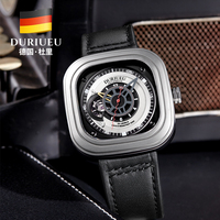 Montre mécanique automatique de style industriel allemand pour hommes, boîtier carré unique, mouvement apparent, montre-bracelet authentique