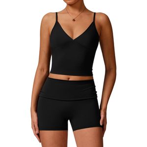 Conjunto Deportivo de Dos Piezas, Top Corto con Cuello en V y Pantalones Cortos de Cintura Alta para Mujer, Ropa de Gimnasio y Yoga, Talla M, Spandex y Poliéster - Product Image 1