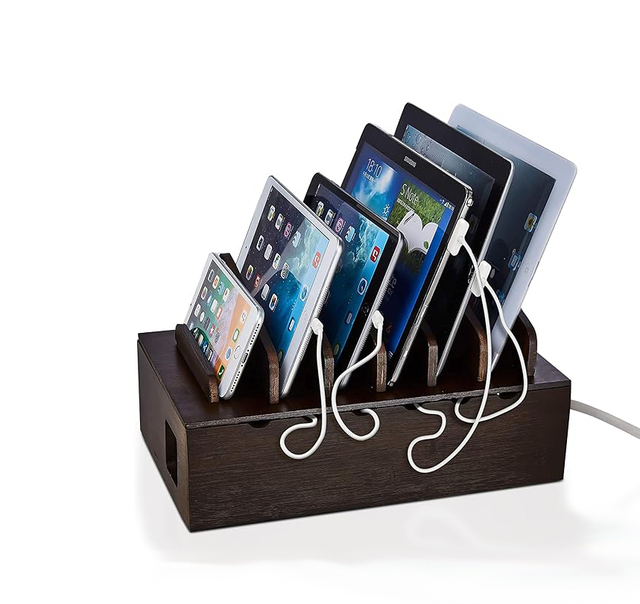 Multi Device Charging Station, Wooden Desktop Manager with Phone and Tablet Stand - Desktop Manager for Home and Office