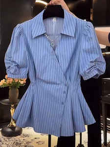 Design Sense Blouse d'été décontractée vintage pour jeunes femmes, coupe ample amincissante, col en V, manches bouffantes rayées, grande taille - Product Image 6