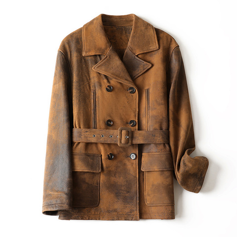 Women Fashion Streetwear  Sheepskin Vintage Distressed Frosted British Style Double Breasted Waist Leather Jacket for Women