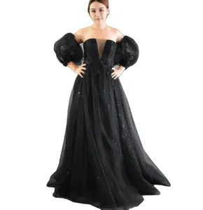 Romantic Black Organza Noble Evening Gown with Puffed Sleeves Ball Gown Silhouette Pleats Flowers Ruched Waist Floor-Length