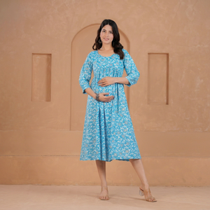 Robe midi évasée décontractée à manches trois quarts en coton à imprimé floral bleu avec robe de maternité et d'allaitement pour un usage quotidien - Product Image 1