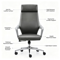 Chaise de bureau exécutive moderne ergonomique confortable à hauteur réglable avec base en acier et revêtement en cuir PU pivotante pour la maison et les bureaux professionnels