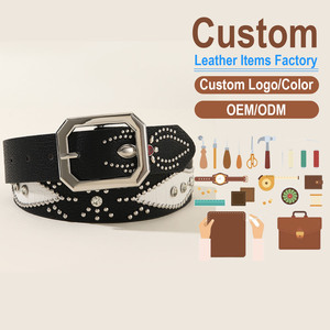 Cinturón de Cuero PU Personalizado con Tachuelas de Diamantes de Imitación y Hebilla Plateada, Estilo Casual, Fabricación OEM/ODM - Product Image 1