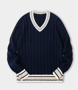 การผลิตสินค้าถักโลโก้ที่กำหนดเองผู้ผลิตดีไซน์ดั้งเดิมเสื้อแจ็คการ์ดคอวีเสื้อสเวตเตอร์ถักสำหรับโรงเรียน - Product Image 2