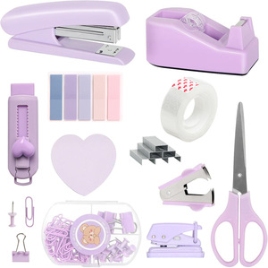 Ensemble de fournitures de <span class=keywords><strong>bureau</strong></span> en plastique 11 pièces rose : porte-ruban adhésif, décloucheur, pinces, agrafeuse pour la maison et l'école - Product Image 1