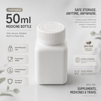 Bouteille de médicament en plastique vide de qualité alimentaire, cylindrique, carrée, en HDPE blanc, de petite capacité, portable, 50 ml, pour compléments alimentaires