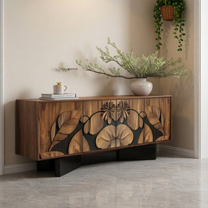 Mobile TV in Legno Massello Vintage JINXI, Mobile da Ingresso, Scarpiera Stile Wabi-Sabi, Credenza <span class=keywords><strong>con</strong></span> Intaglio a Foglia in Rilievo - Product Image 2